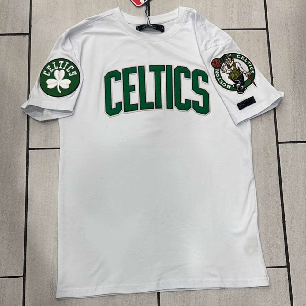 Pro Standard White Chenielle Patch Celtics T-Shirt with Green Logo